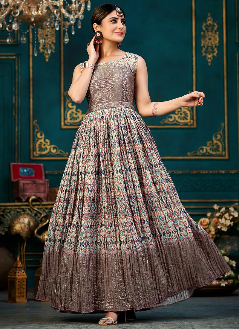 Dusky Mauve Printed Traditional Anarkali Gown