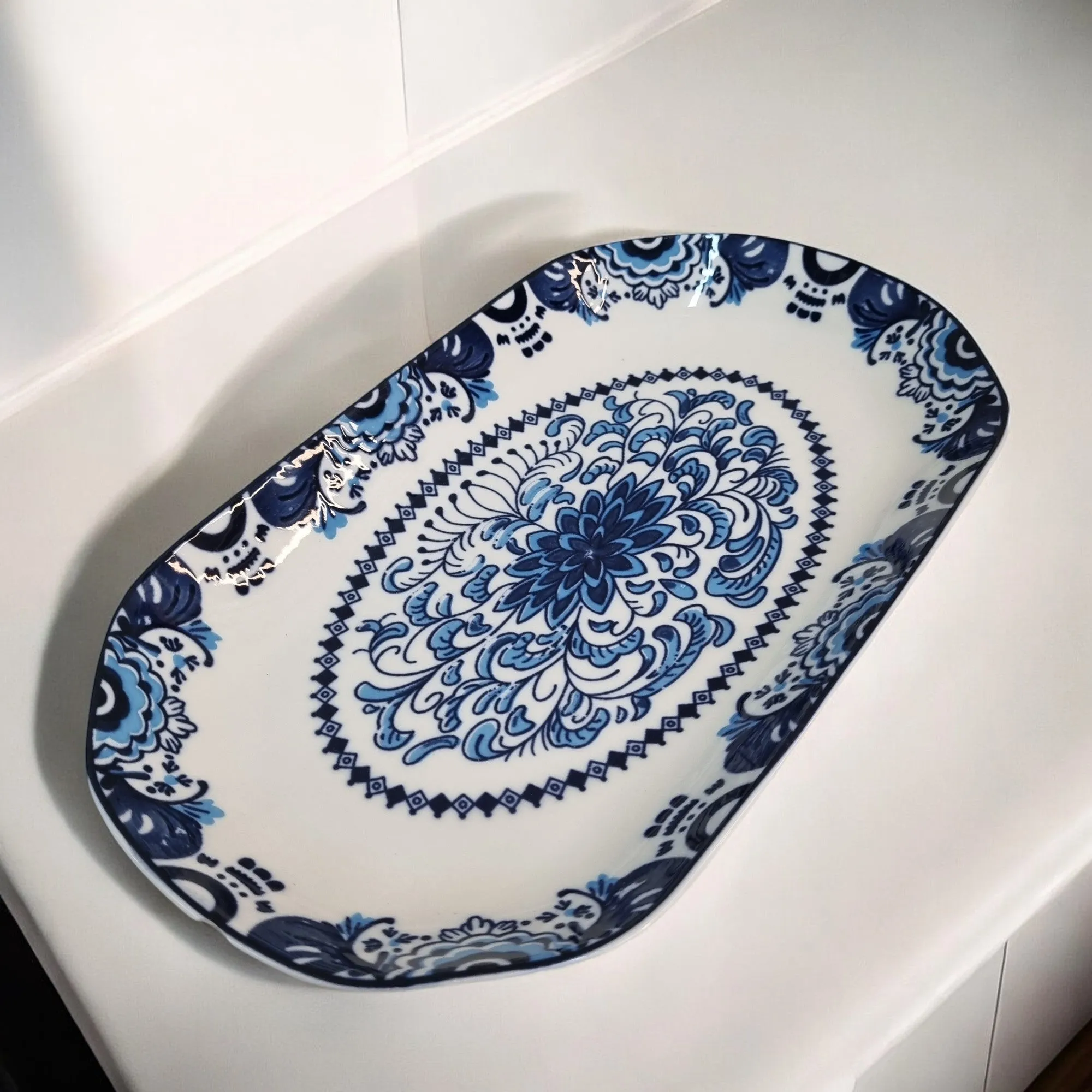 Elegant Blue Floral Ceramic Platter