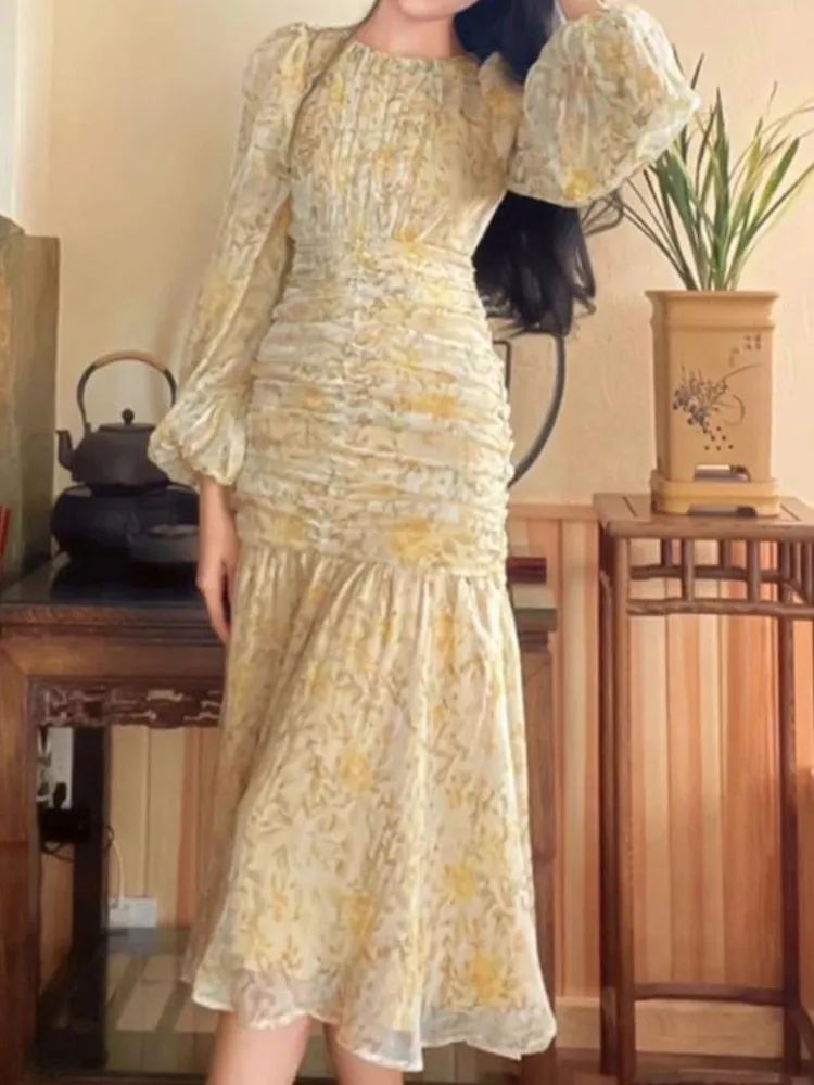 Elegant Long Sleeve Floral Print Lace Bodycon Midi Dress