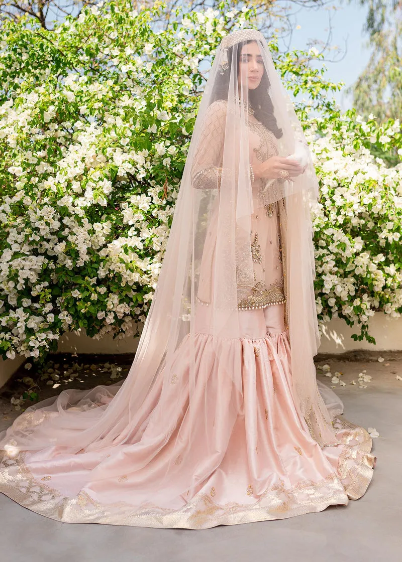 Elegant Pakistani Wedding Dress Nude Pink Kameez Sharara and Dupatta