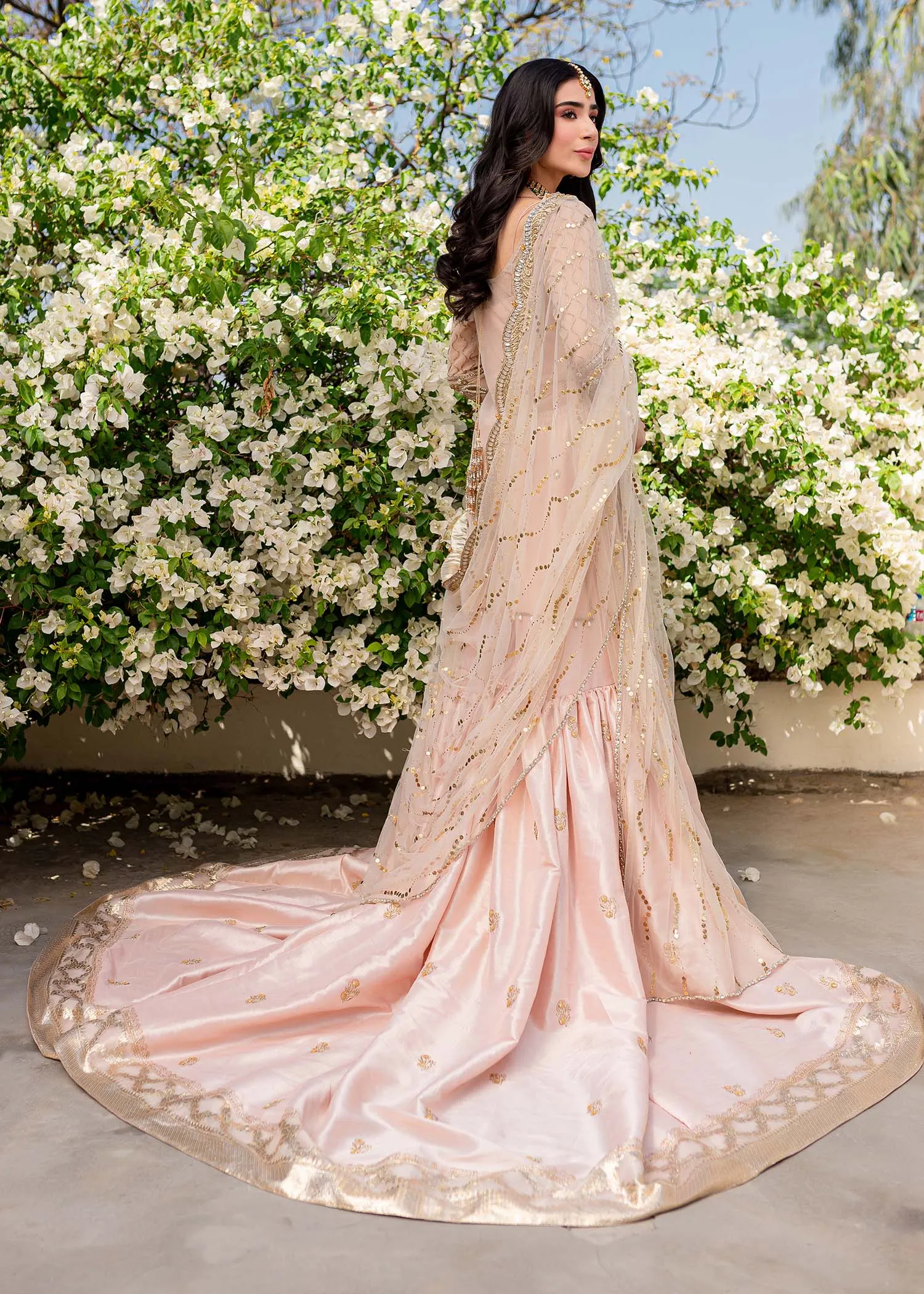 Elegant Pakistani Wedding Dress Nude Pink Kameez Sharara and Dupatta