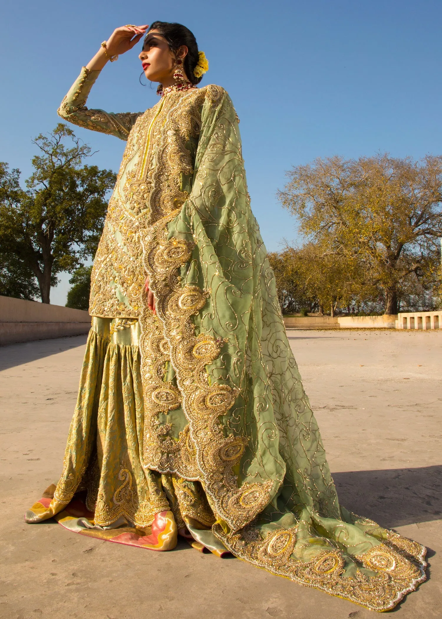 Embroidered Green Sharara Shirt Bridal Dress #BN1239