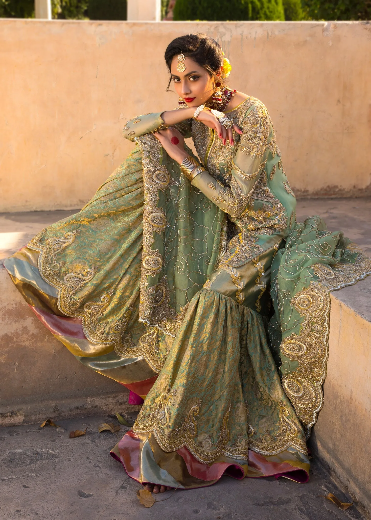 Embroidered Green Sharara Shirt Bridal Dress #BN1239