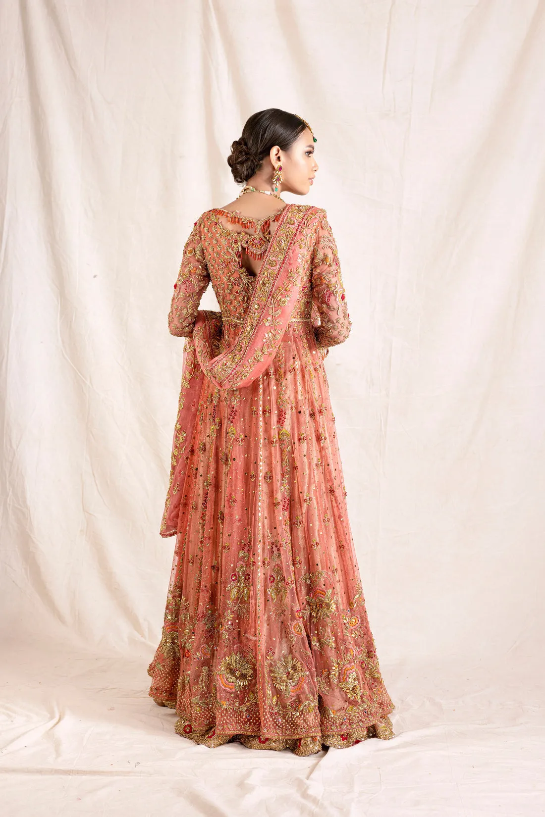 Embroidered Peach Lehenga Pakistani Mehndi Dresses