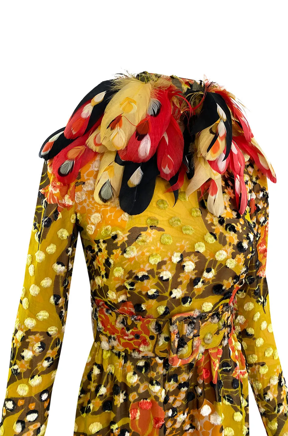 Famous 1971 Bill Blass Vogue Featured Yellow Chenille & Silk Maxi Dress w Elaborate Feather Collar