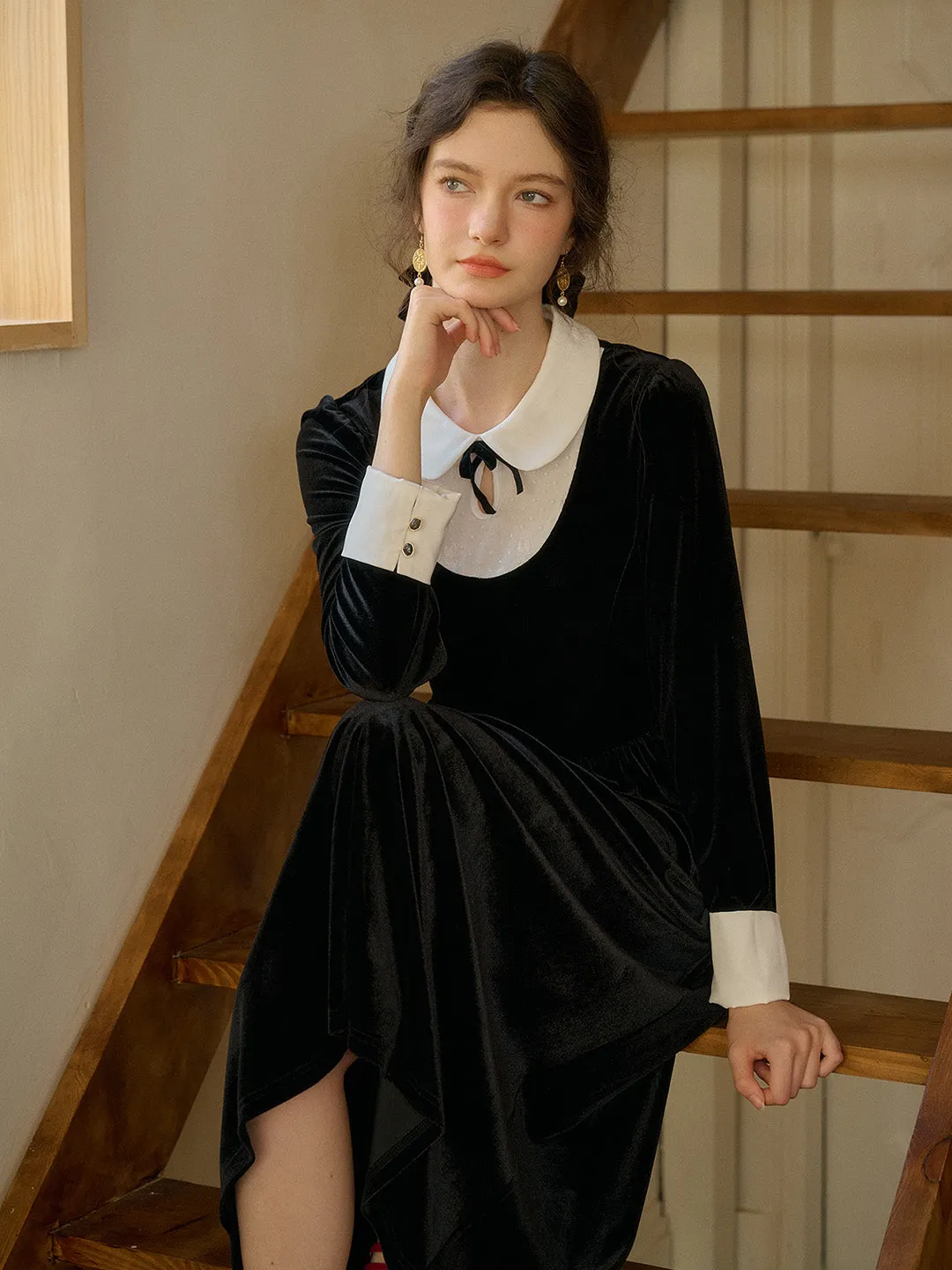 【Final Sale】Esperanza Doll Neck Collision Bow Velvet Long Dresses
