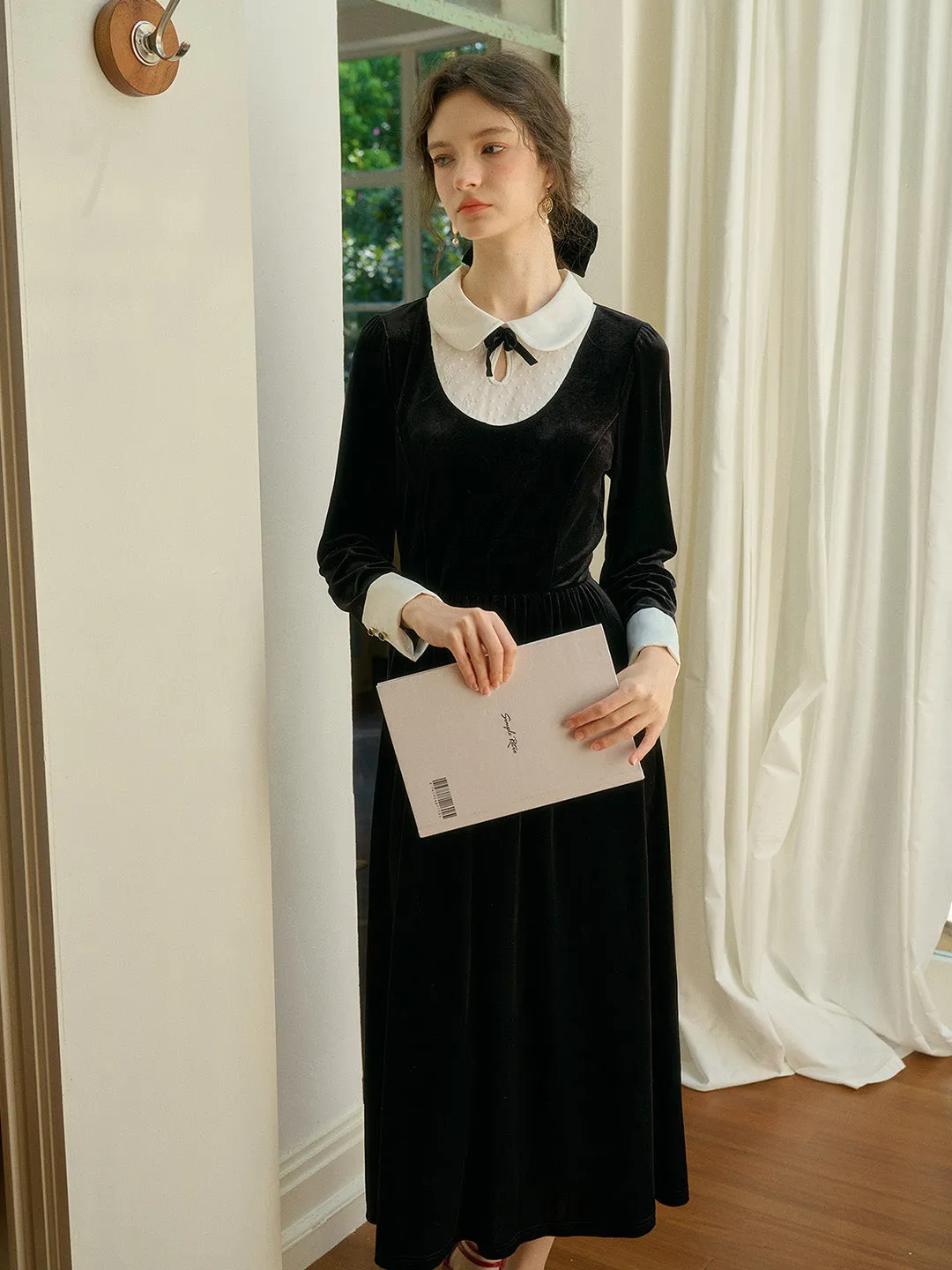 【Final Sale】Esperanza Doll Neck Collision Bow Velvet Long Dresses