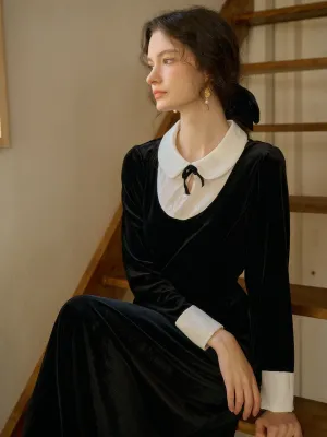 【Final Sale】Esperanza Doll Neck Collision Bow Velvet Long Dresses