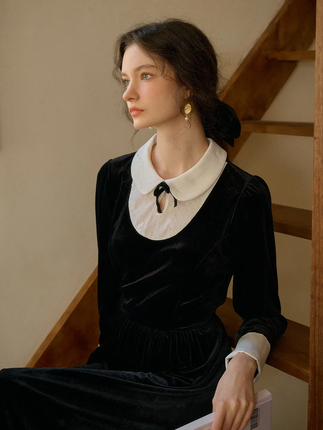 【Final Sale】Esperanza Doll Neck Collision Bow Velvet Long Dresses
