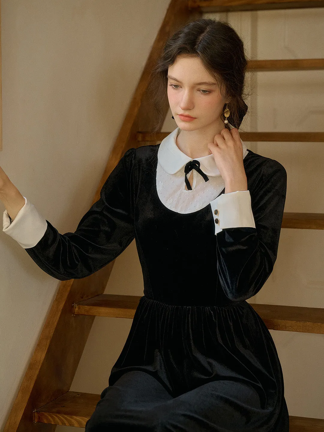 【Final Sale】Esperanza Doll Neck Collision Bow Velvet Long Dresses