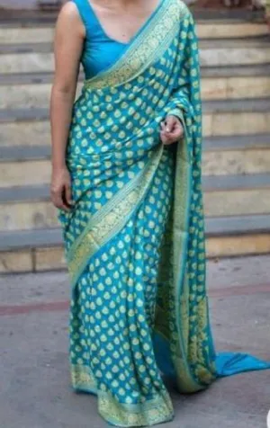 Firozi Blue Heavy Khaddi Georgette Saree