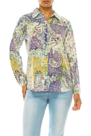 Floral Paisley Printed Button-Down Shirt with Vintage Wash