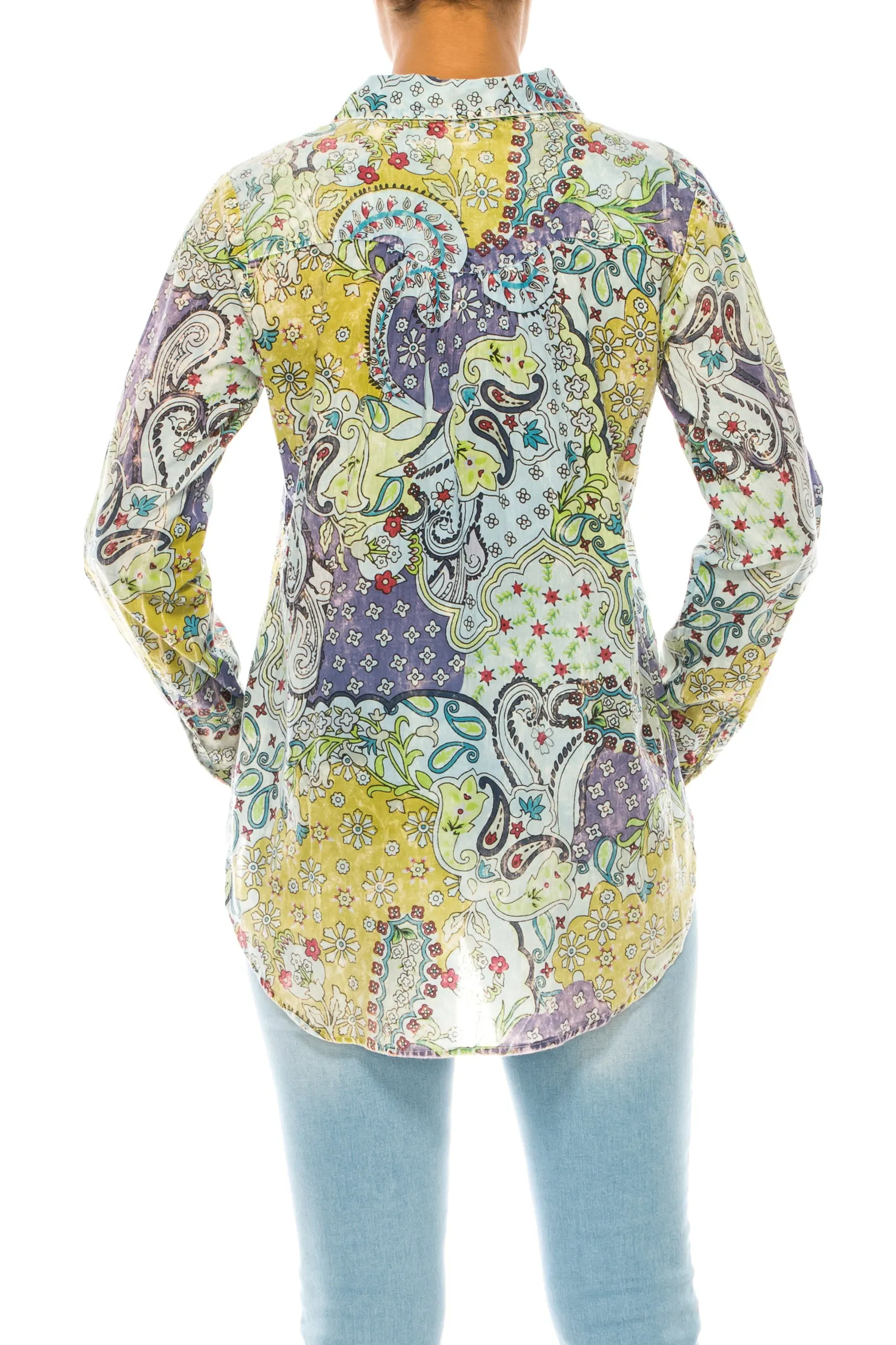 Floral Paisley Printed Button-Down Shirt with Vintage Wash