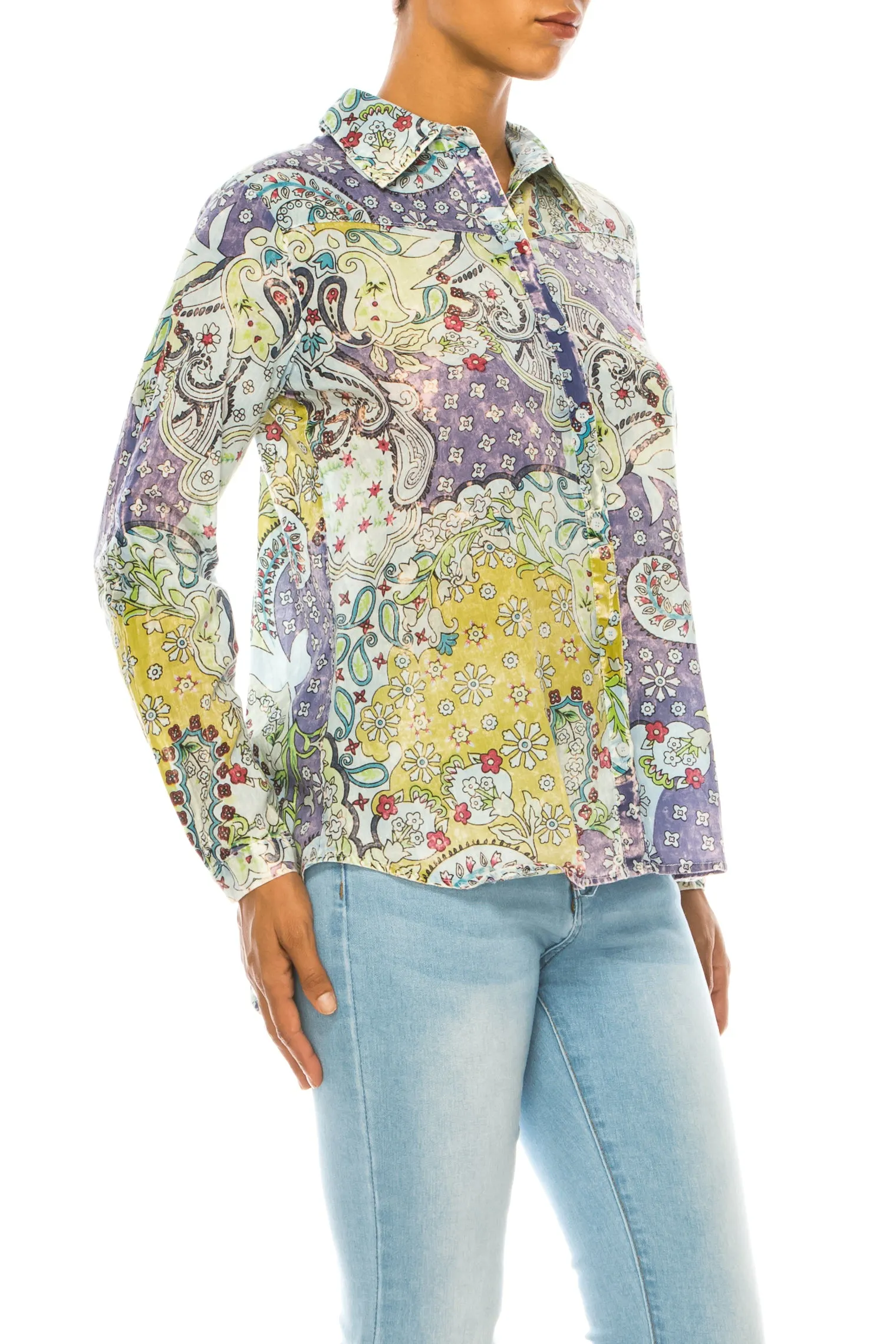 Floral Paisley Printed Button-Down Shirt with Vintage Wash