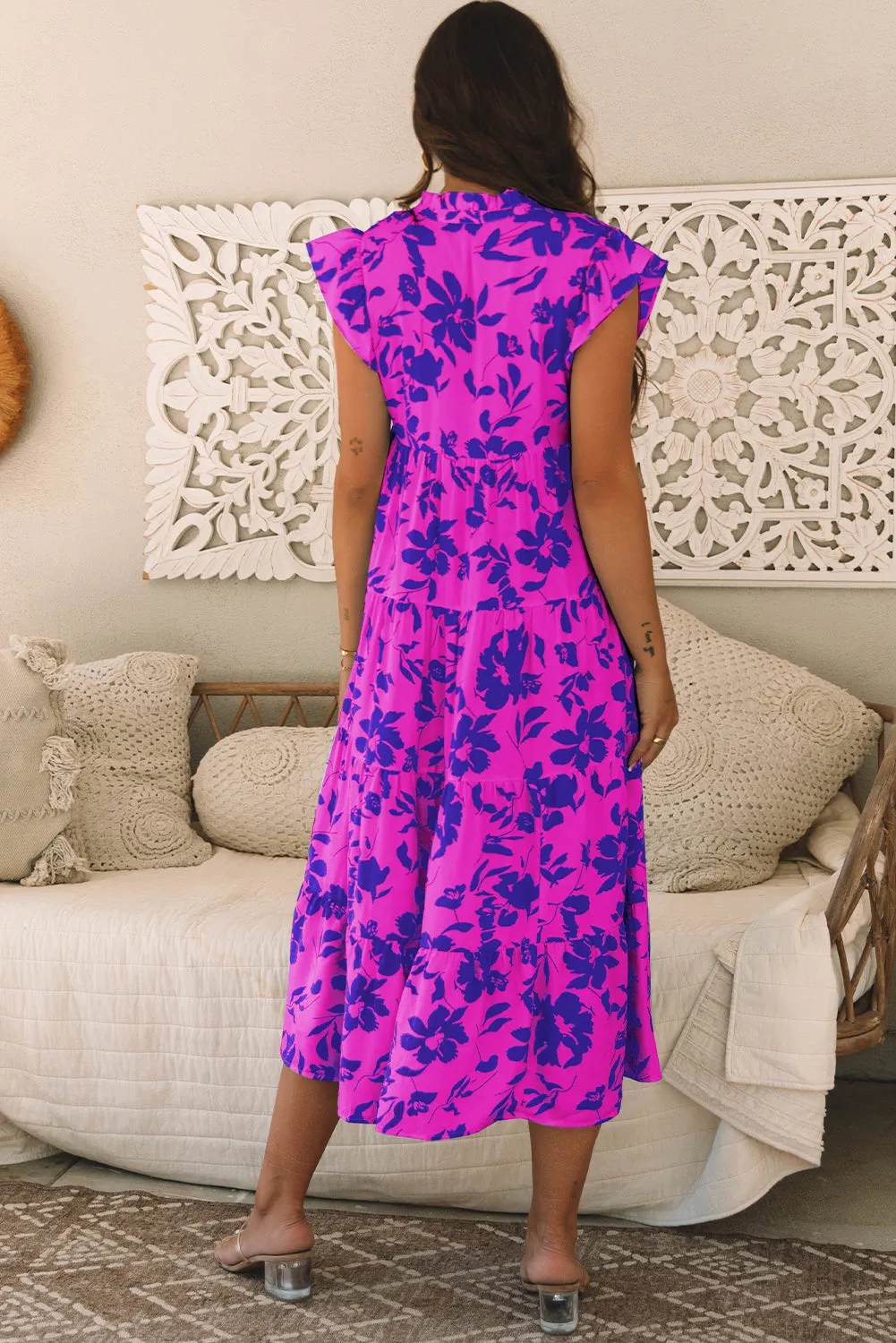 Floral Print Flutter Sleeve Maxi Dress