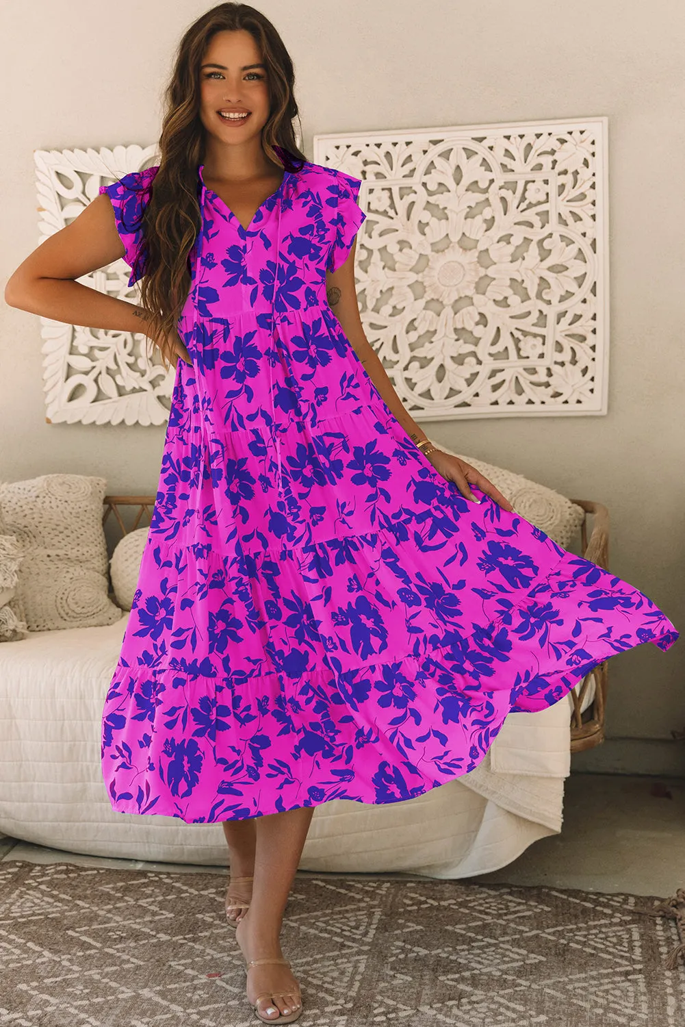 Floral Print Flutter Sleeve Maxi Dress