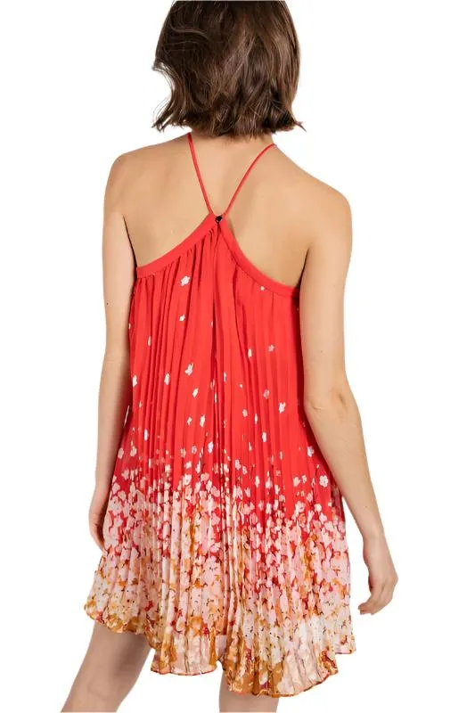 Floral Print Pleated Halter Neck Dress