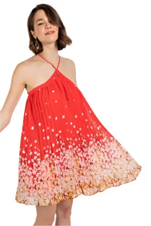 Floral Print Pleated Halter Neck Dress