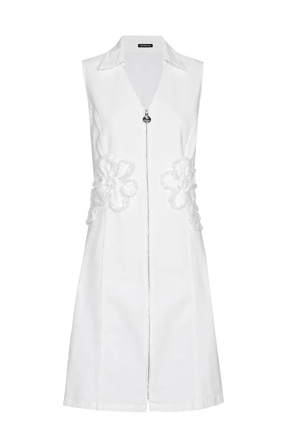 FRAYED FLORAL DETAIL WHITE SLEEVELESS DRESS