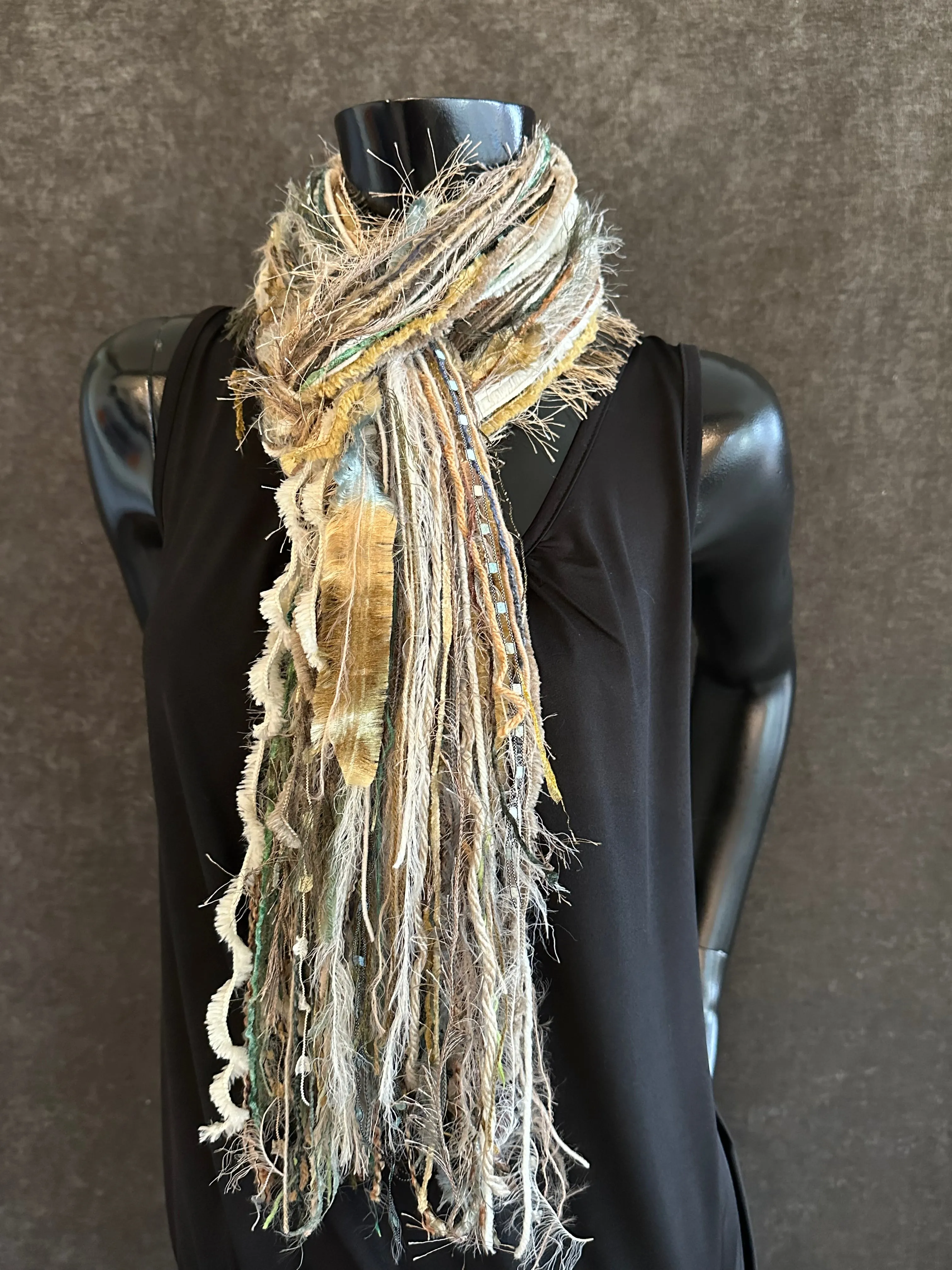 Fringe scrappy scarf, olive blue taupe scarf, casual fashion scarf, Handmade Boho Scarf, funky indie clothing, women gifts