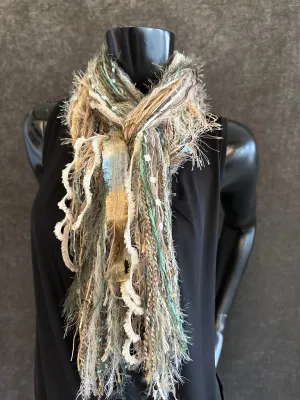 Fringe scrappy scarf, olive blue taupe scarf, casual fashion scarf, Handmade Boho Scarf, funky indie clothing, women gifts