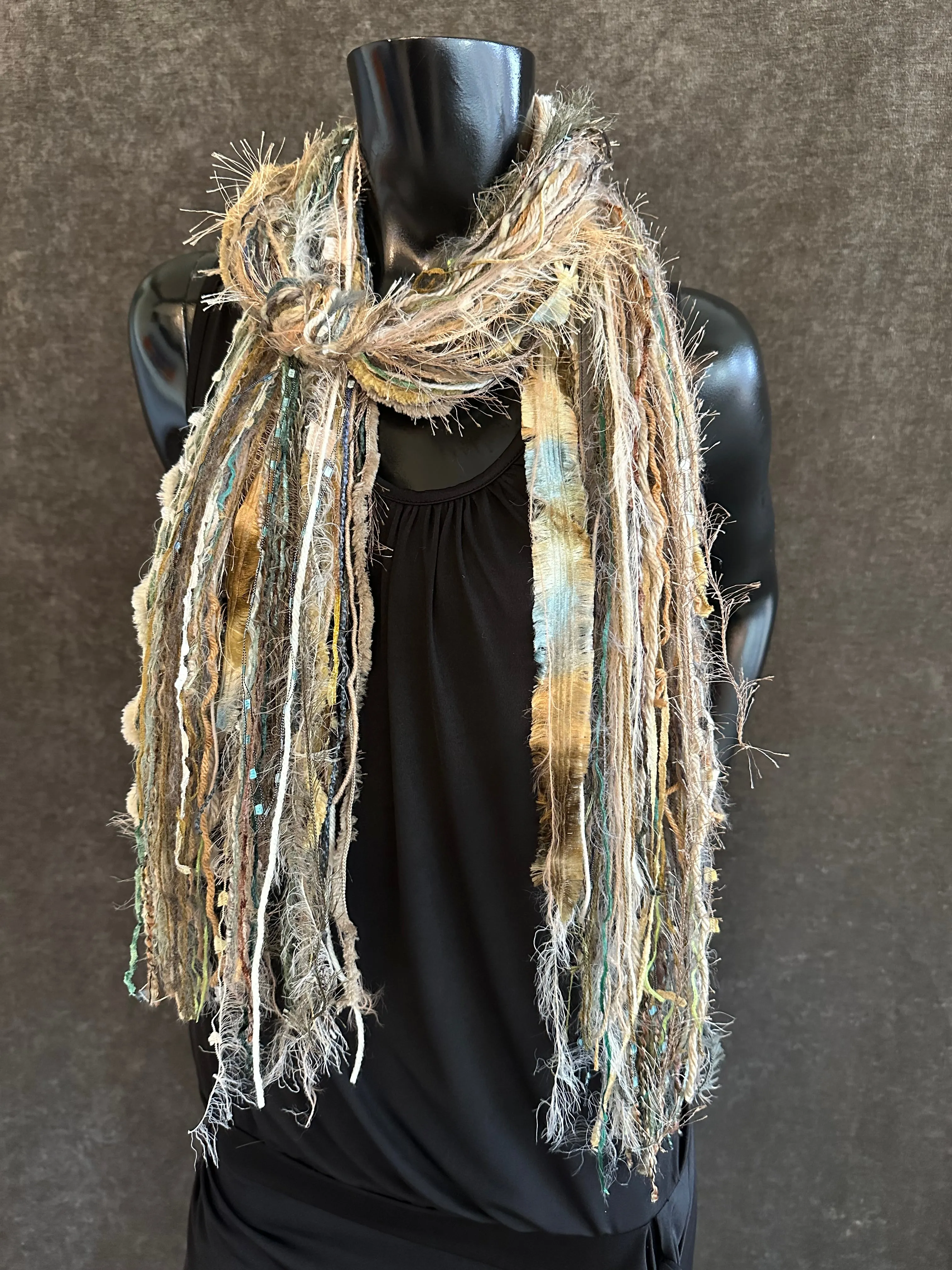 Fringe scrappy scarf, olive blue taupe scarf, casual fashion scarf, Handmade Boho Scarf, funky indie clothing, women gifts
