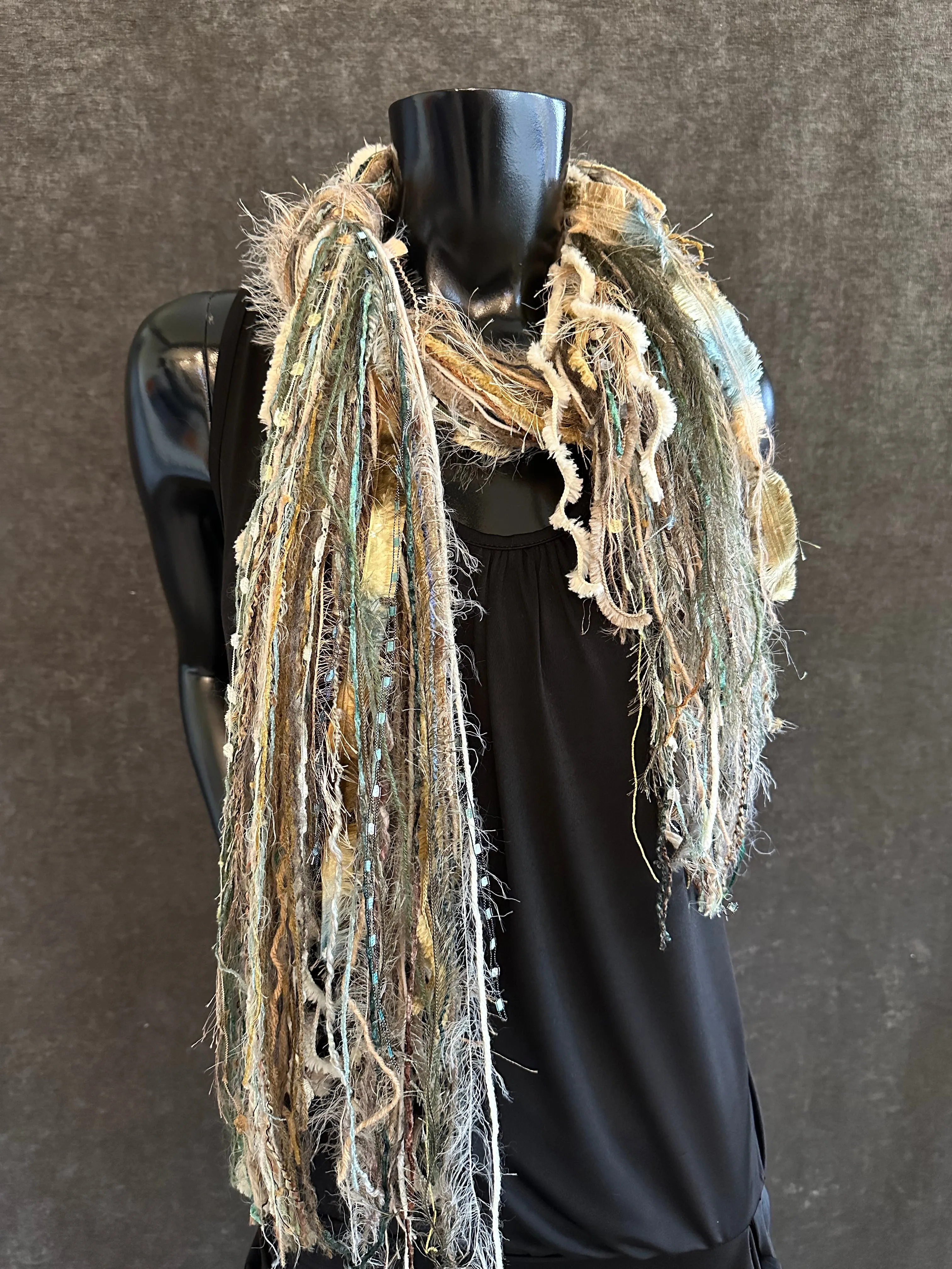Fringe scrappy scarf, olive blue taupe scarf, casual fashion scarf, Handmade Boho Scarf, funky indie clothing, women gifts