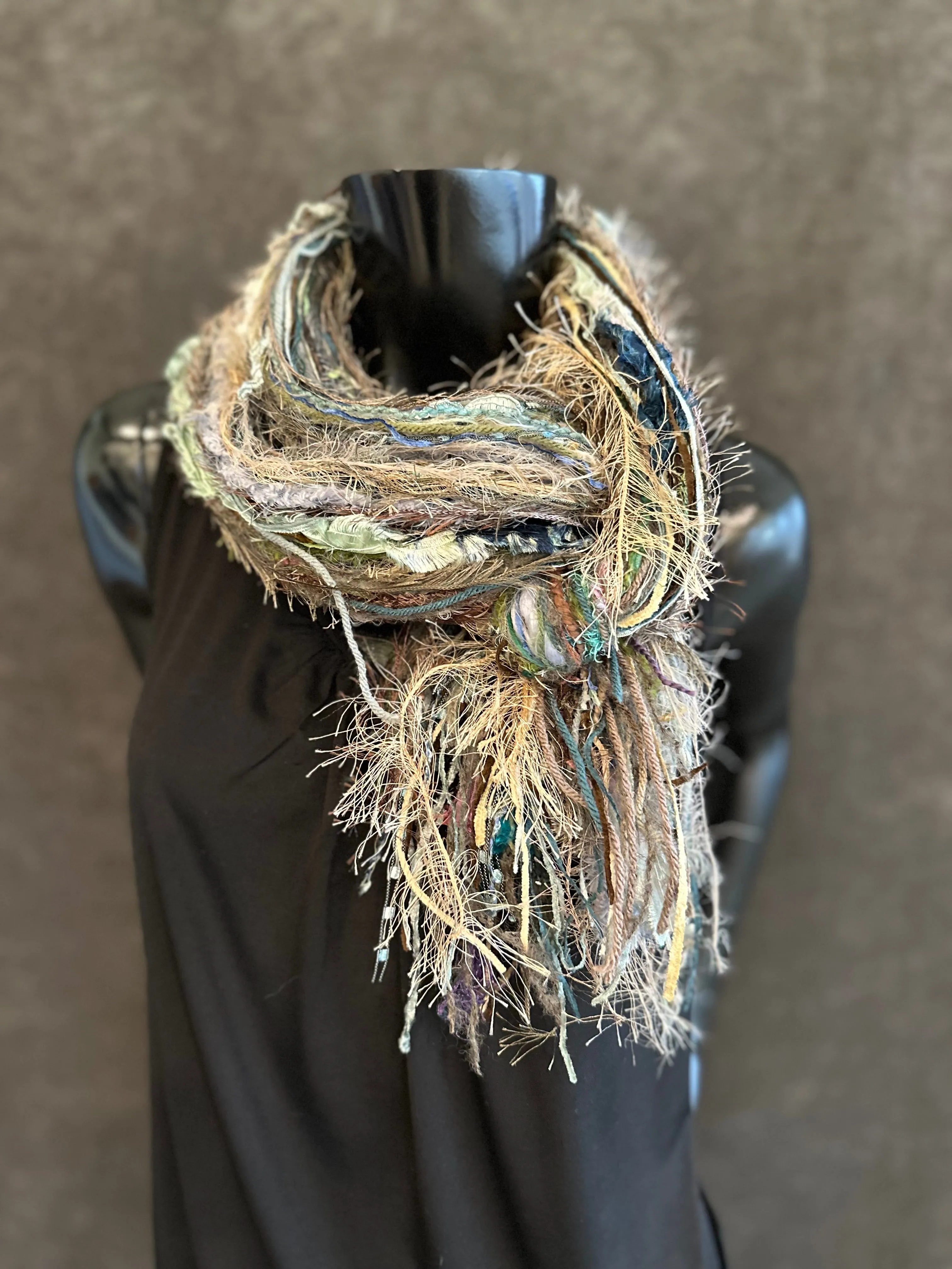 Fringe scrappy scarf, olive sage beige scarf, casual fashion scarf, Handmade Boho Scarf, funky indie clothing, women gifts