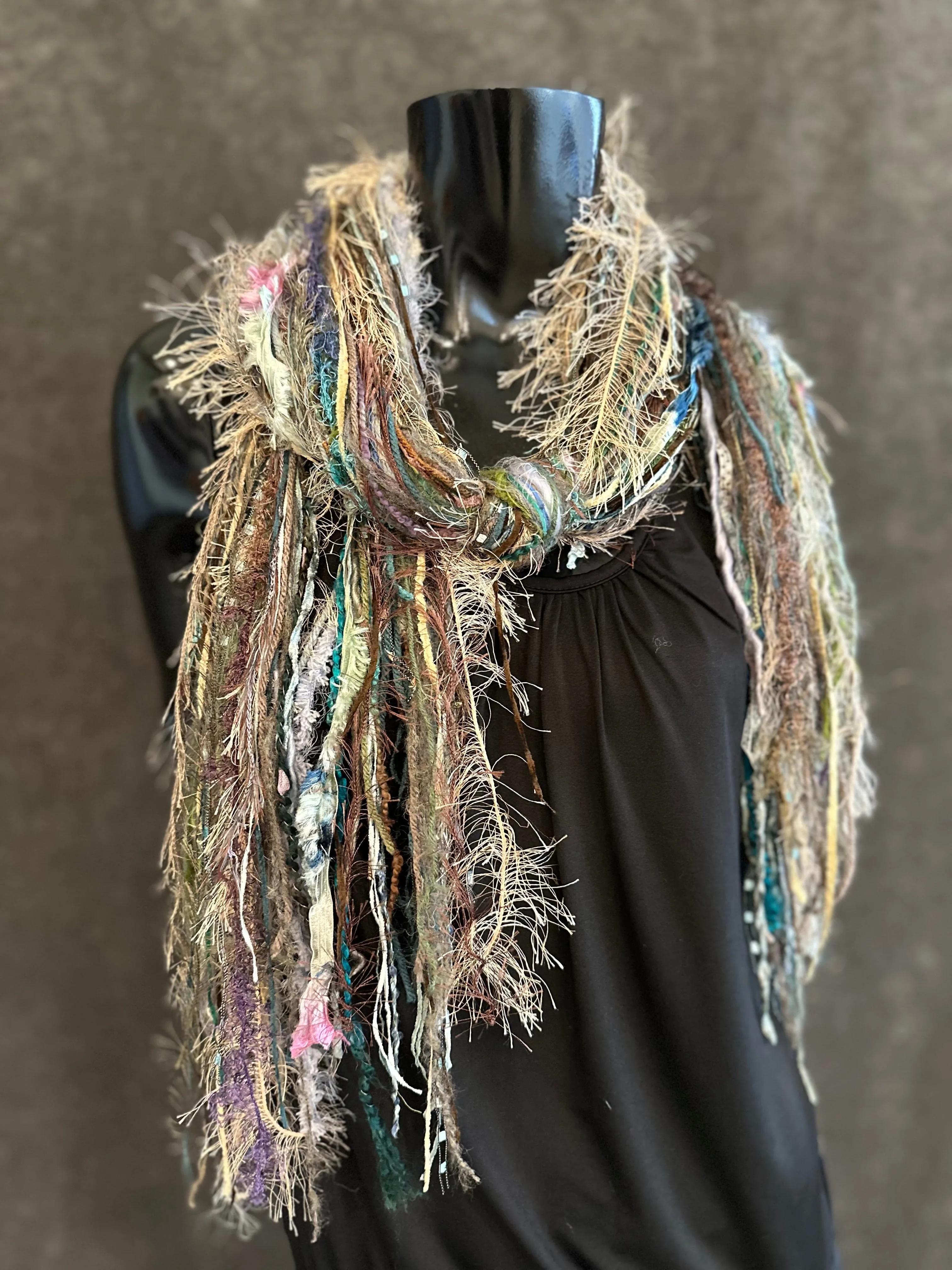 Fringe scrappy scarf, olive sage beige scarf, casual fashion scarf, Handmade Boho Scarf, funky indie clothing, women gifts