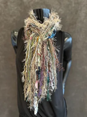 Fringe scrappy scarf, olive sage beige scarf, casual fashion scarf, Handmade Boho Scarf, funky indie clothing, women gifts