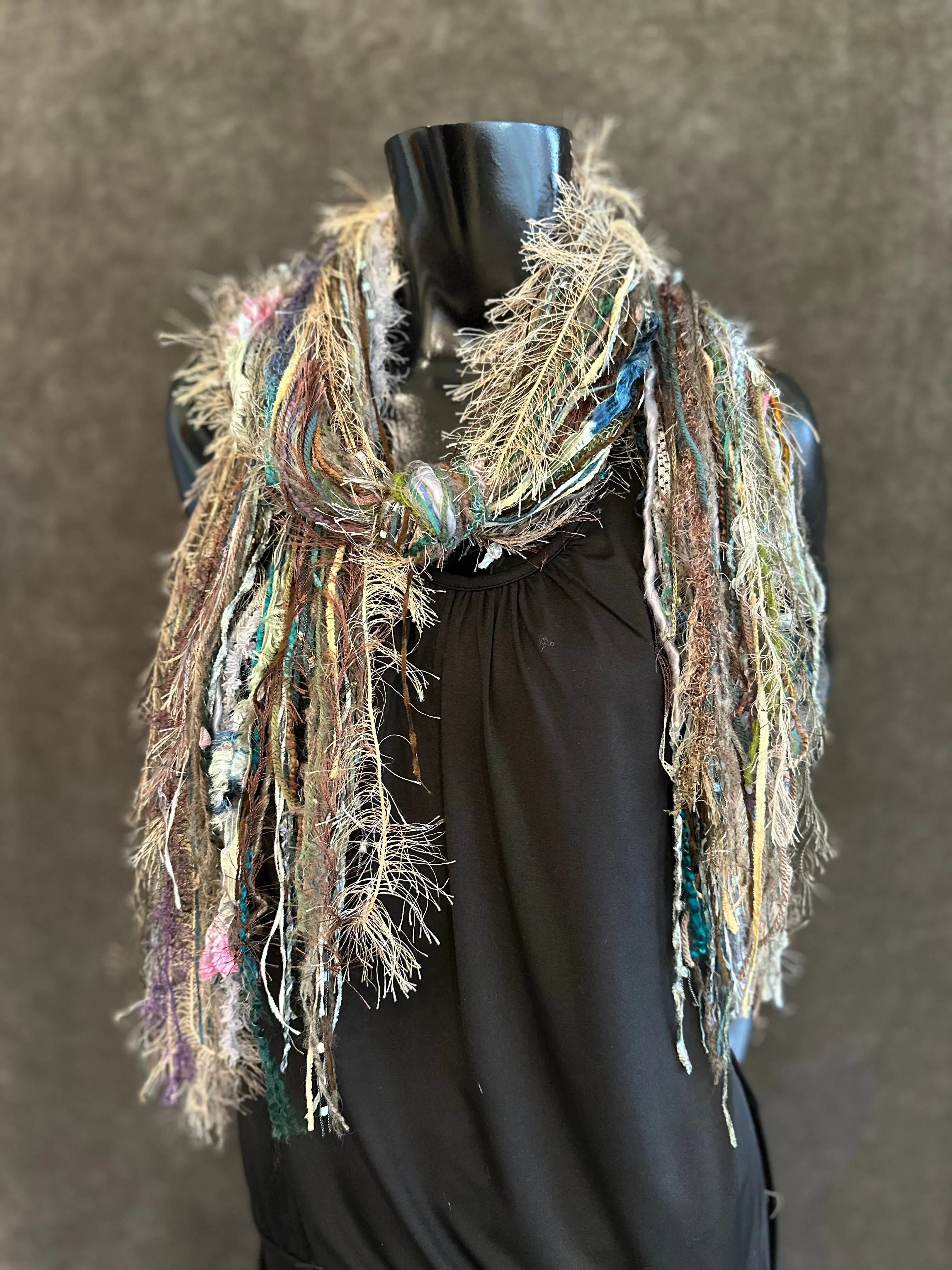 Fringe scrappy scarf, olive sage beige scarf, casual fashion scarf, Handmade Boho Scarf, funky indie clothing, women gifts