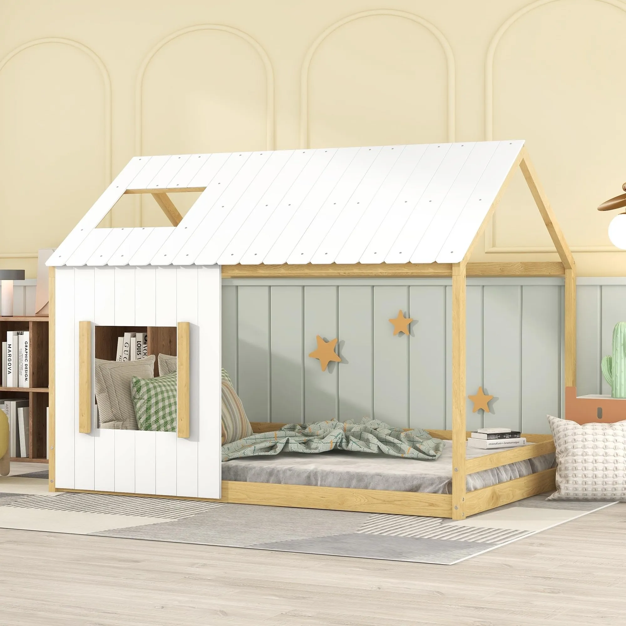 Full Size House Bed with Roof and Window Open Concept Design for