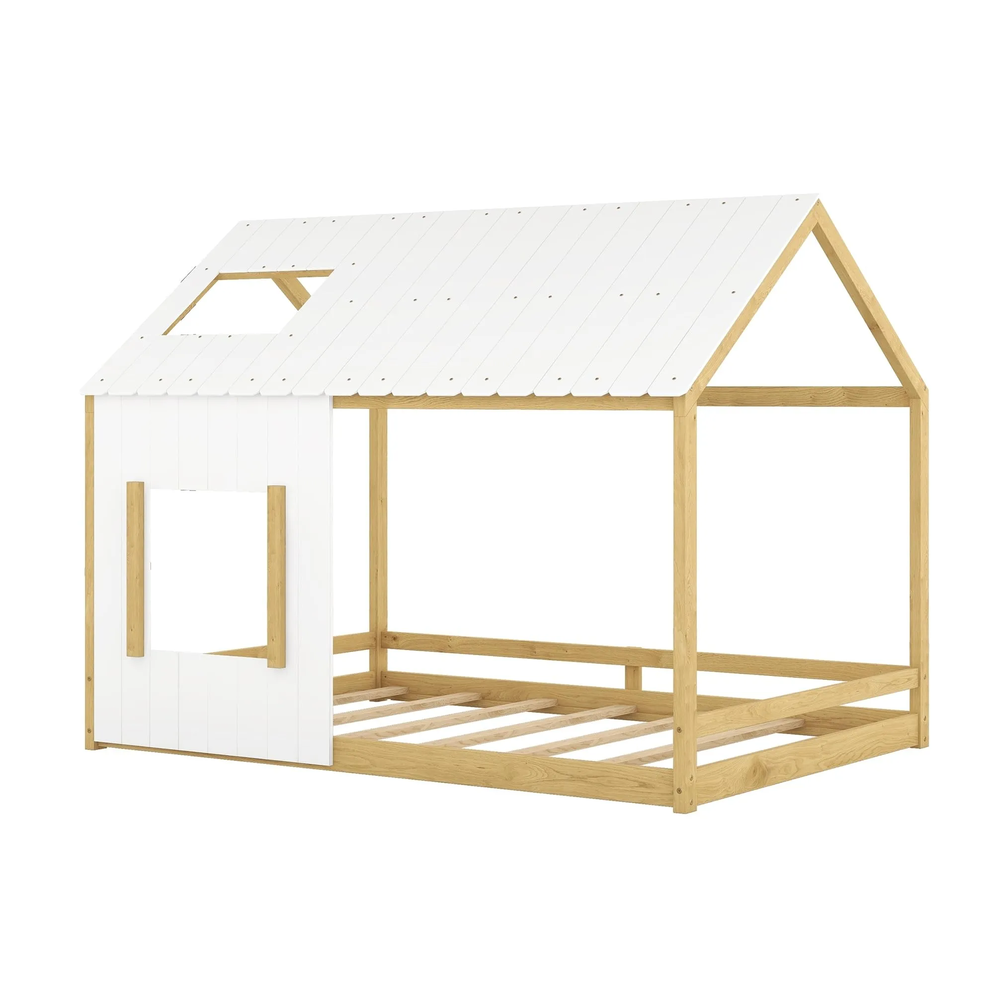 Full Size House Bed with Roof and Window Open Concept Design for