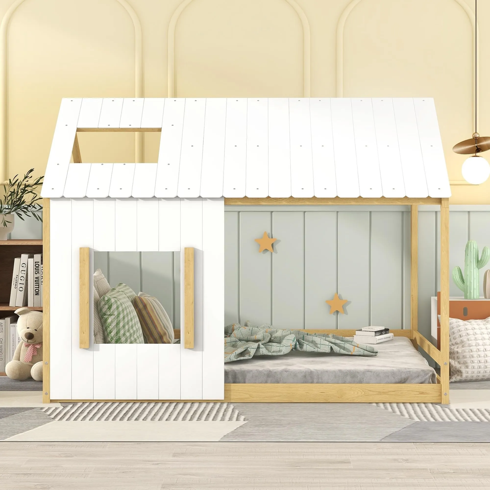 Full Size House Bed with Roof and Window Open Concept Design for