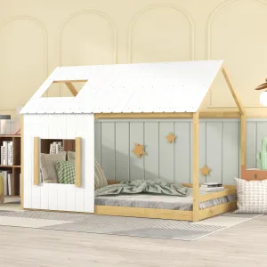 Full Size House Bed with Roof and Window Open Concept Design for