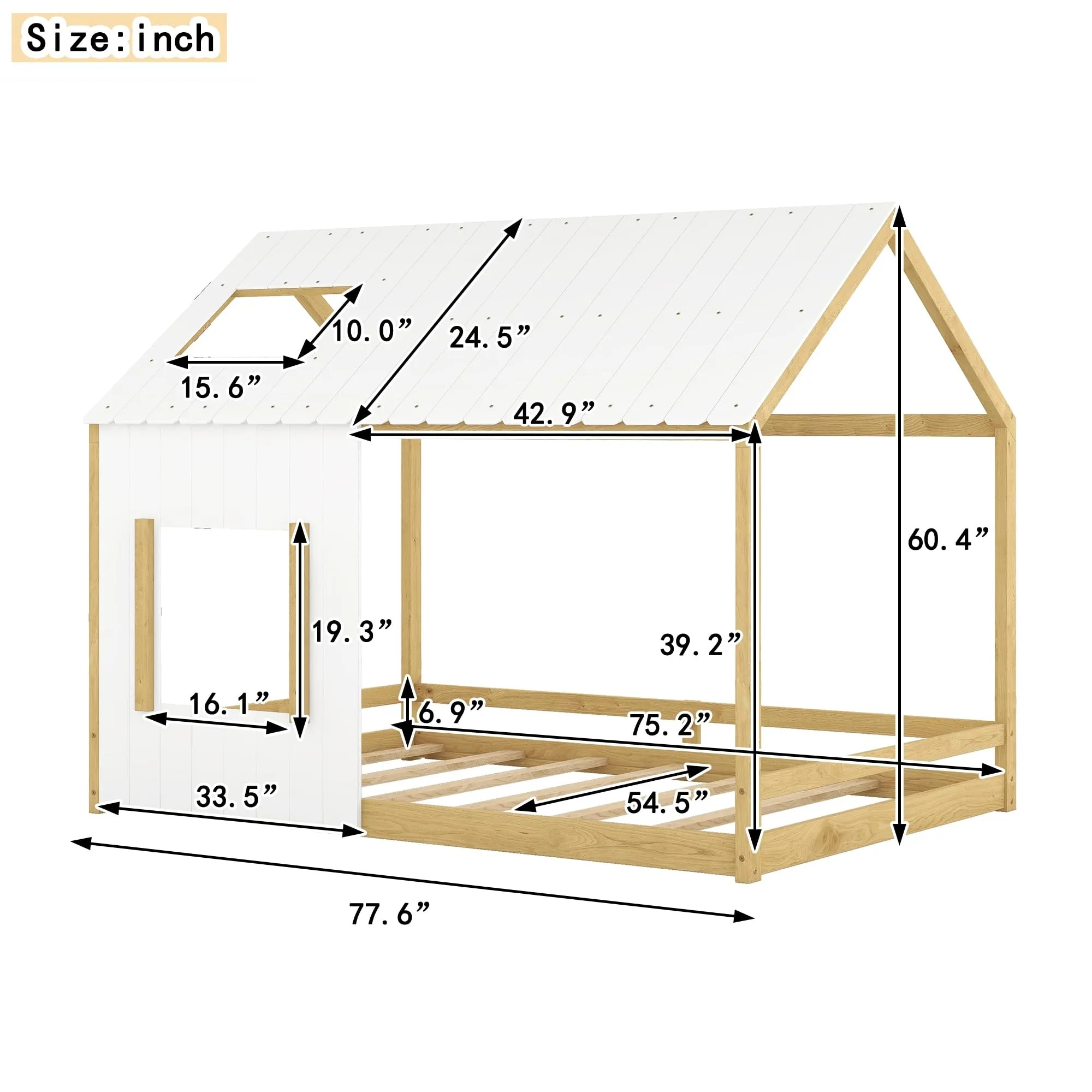 Full Size House Bed with Roof and Window Open Concept Design for