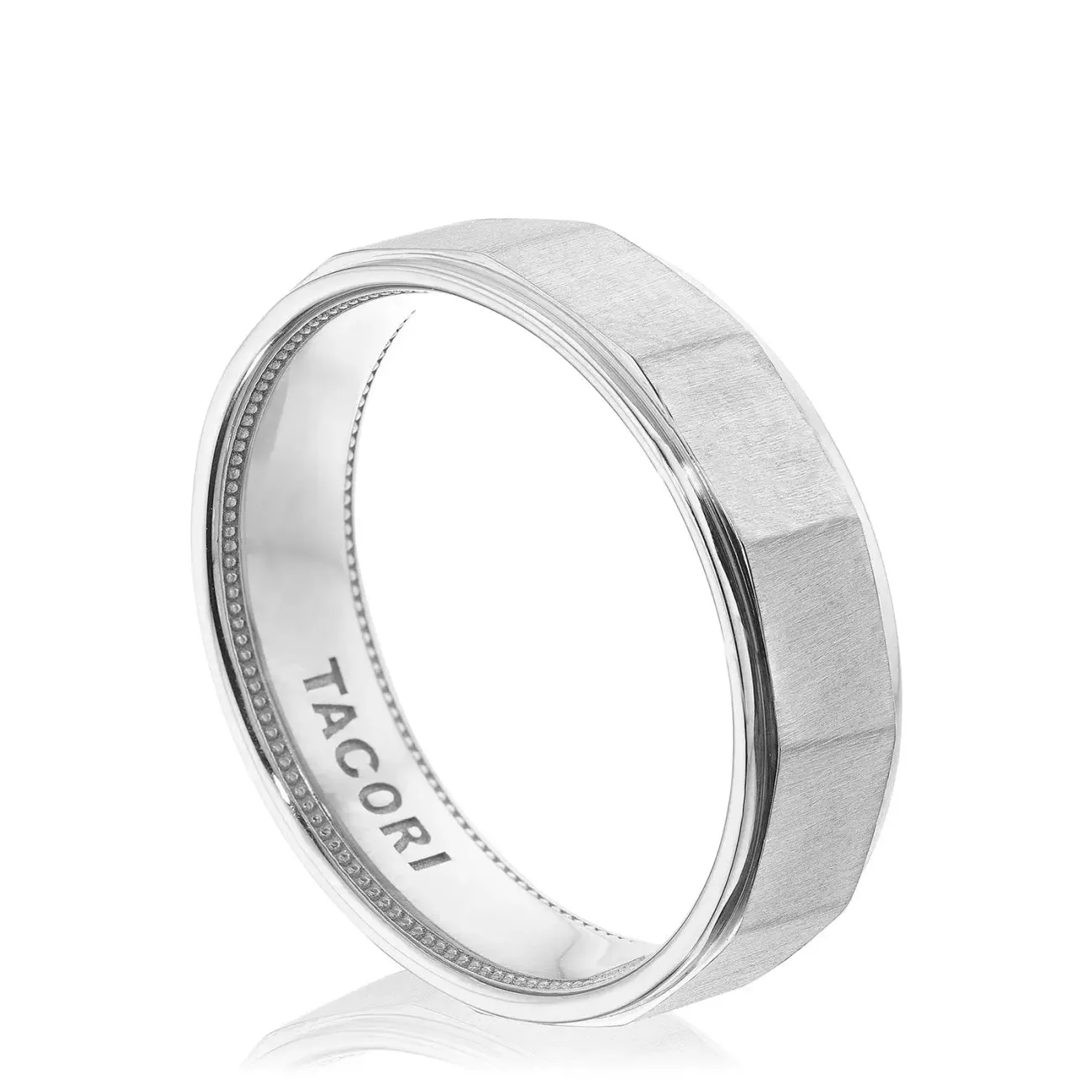 Geometric 18K White Gold Faceted in Satin Finish Wedding Band Ring