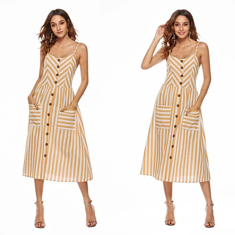 Gestreifte Spaghetti-Träger der Frauen Button-Down-Swing-Midikleid mit Taschen Sommer-Strandfest-Sommerkleid-Blau