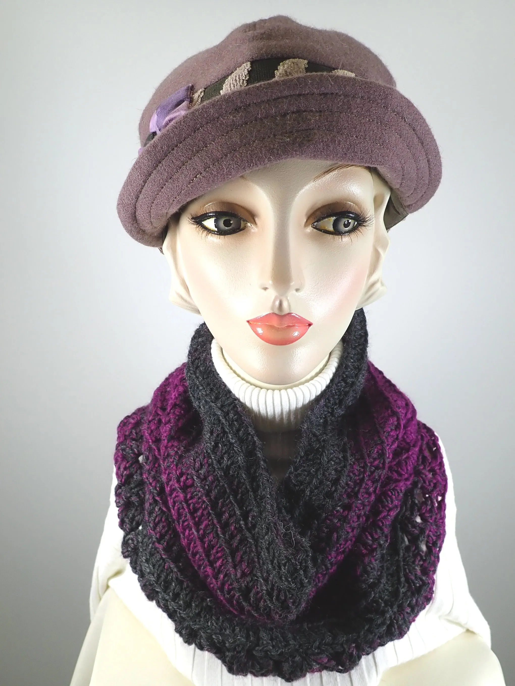 Gifts for her. Hand crocheted burgundy and gray cowl scarf. Soft warm cowl scarf acrylic and wool.