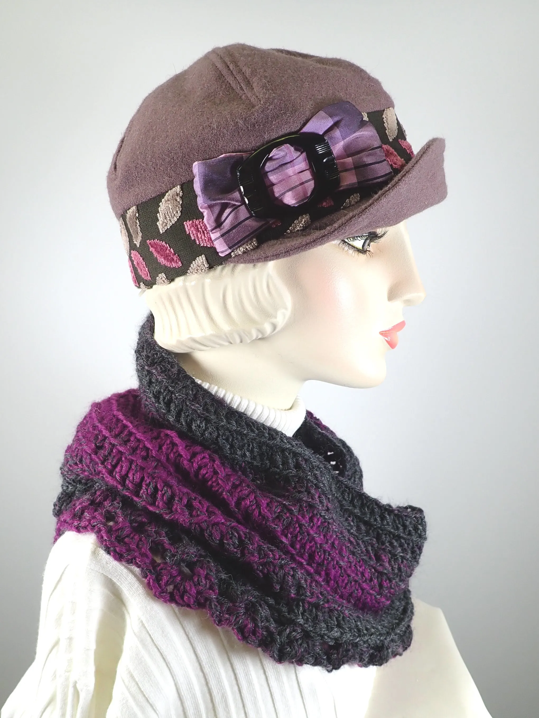 Gifts for her. Hand crocheted burgundy and gray cowl scarf. Soft warm cowl scarf acrylic and wool.