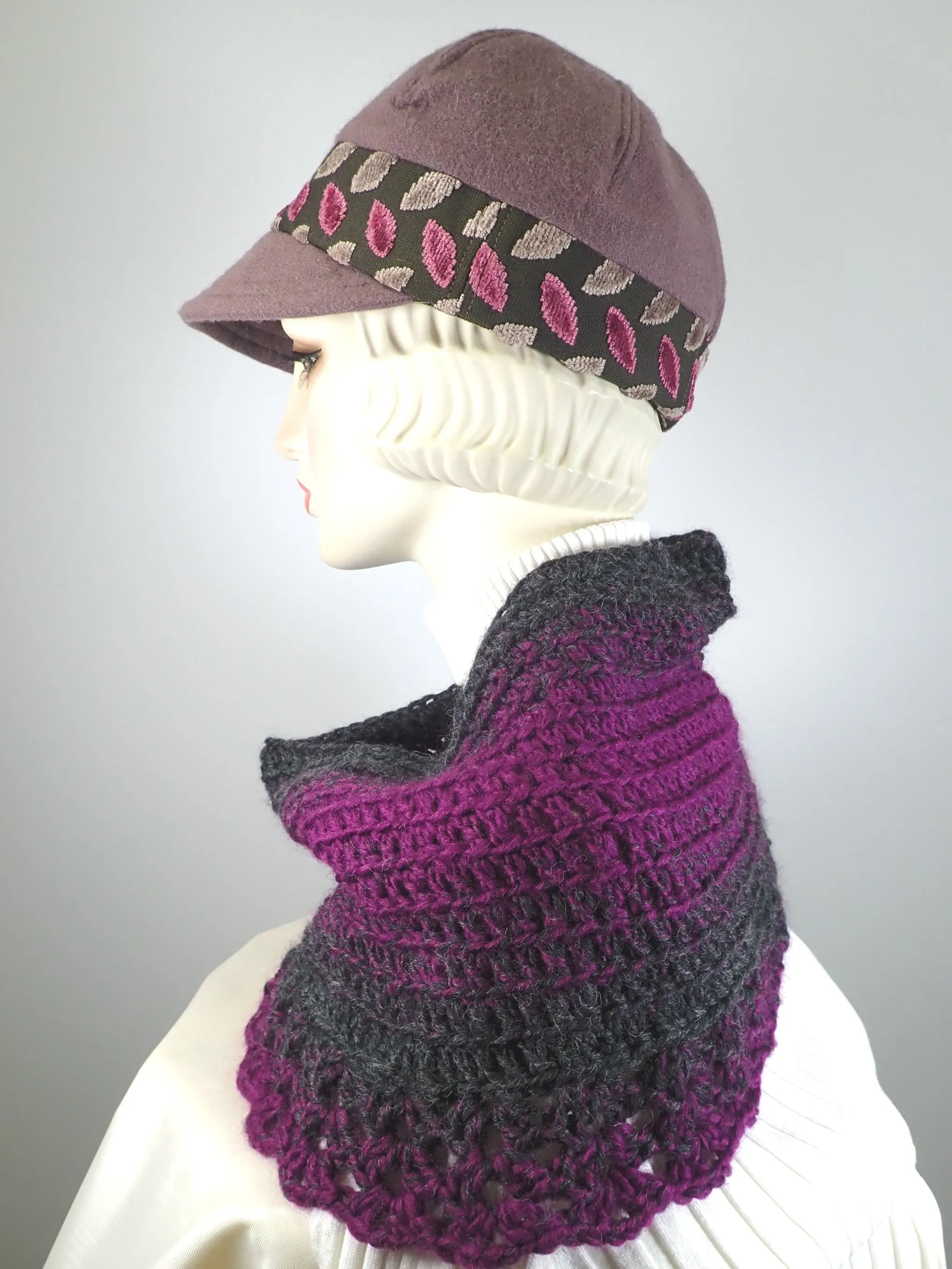 Gifts for her. Hand crocheted burgundy and gray cowl scarf. Soft warm cowl scarf acrylic and wool.