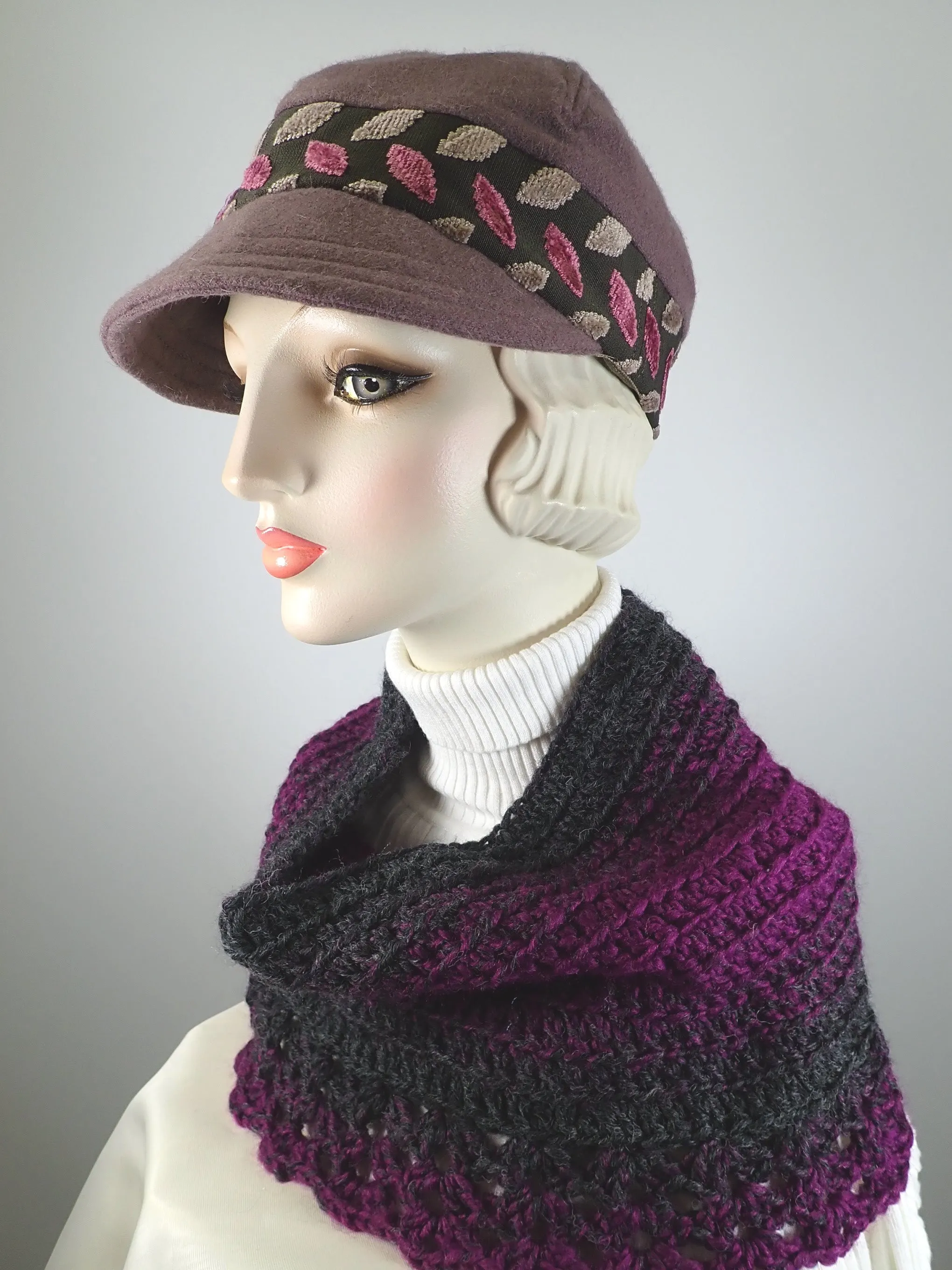 Gifts for her. Hand crocheted burgundy and gray cowl scarf. Soft warm cowl scarf acrylic and wool.