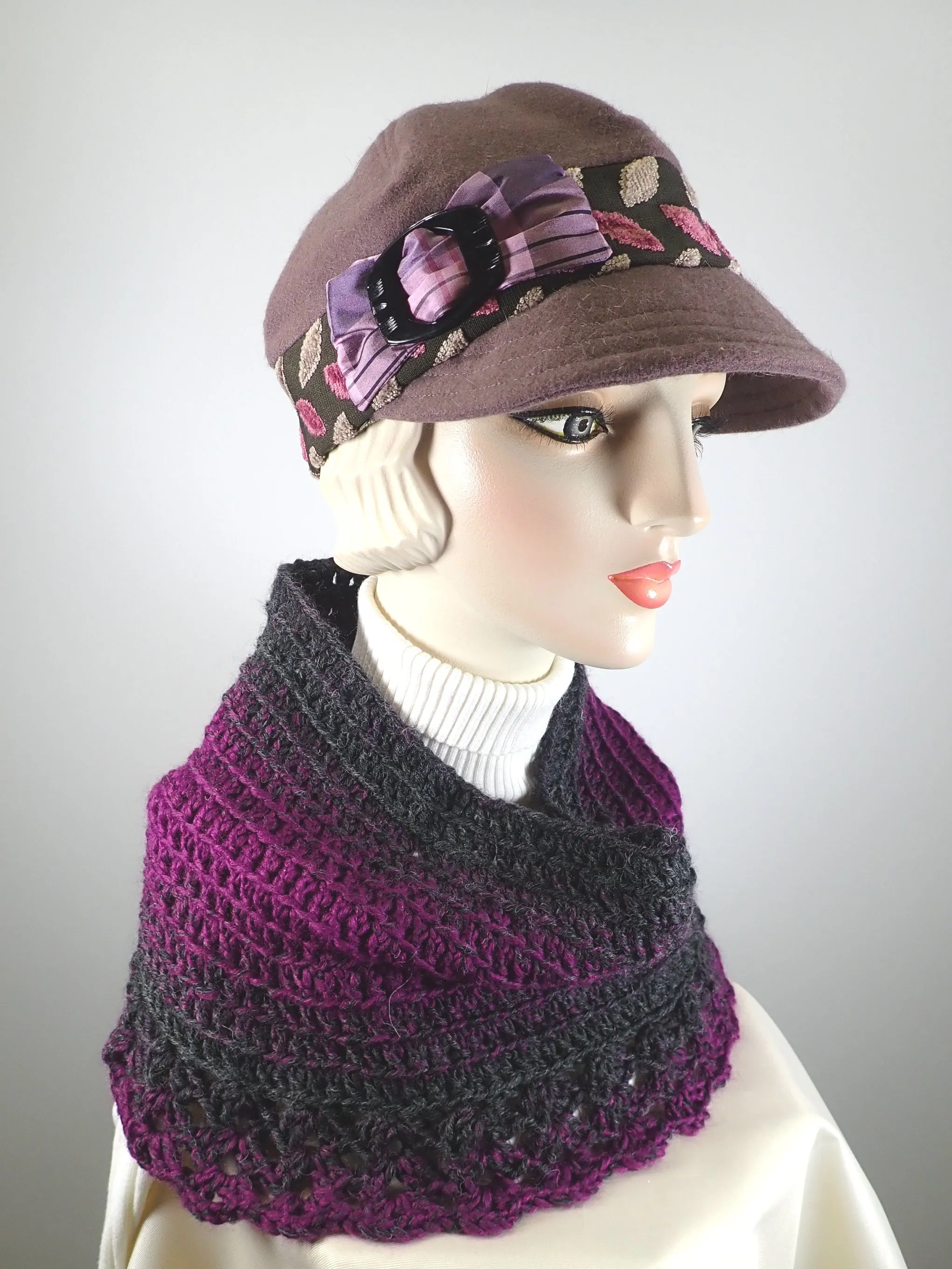 Gifts for her. Hand crocheted burgundy and gray cowl scarf. Soft warm cowl scarf acrylic and wool.