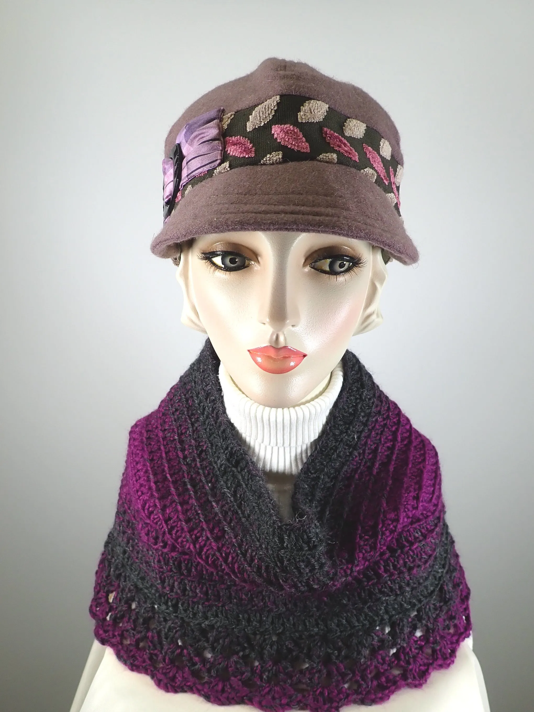 Gifts for her. Hand crocheted burgundy and gray cowl scarf. Soft warm cowl scarf acrylic and wool.