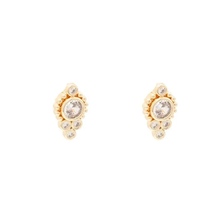 Gold Circle Cluster Pave Cubic Zirconia Gemstone Simple Post