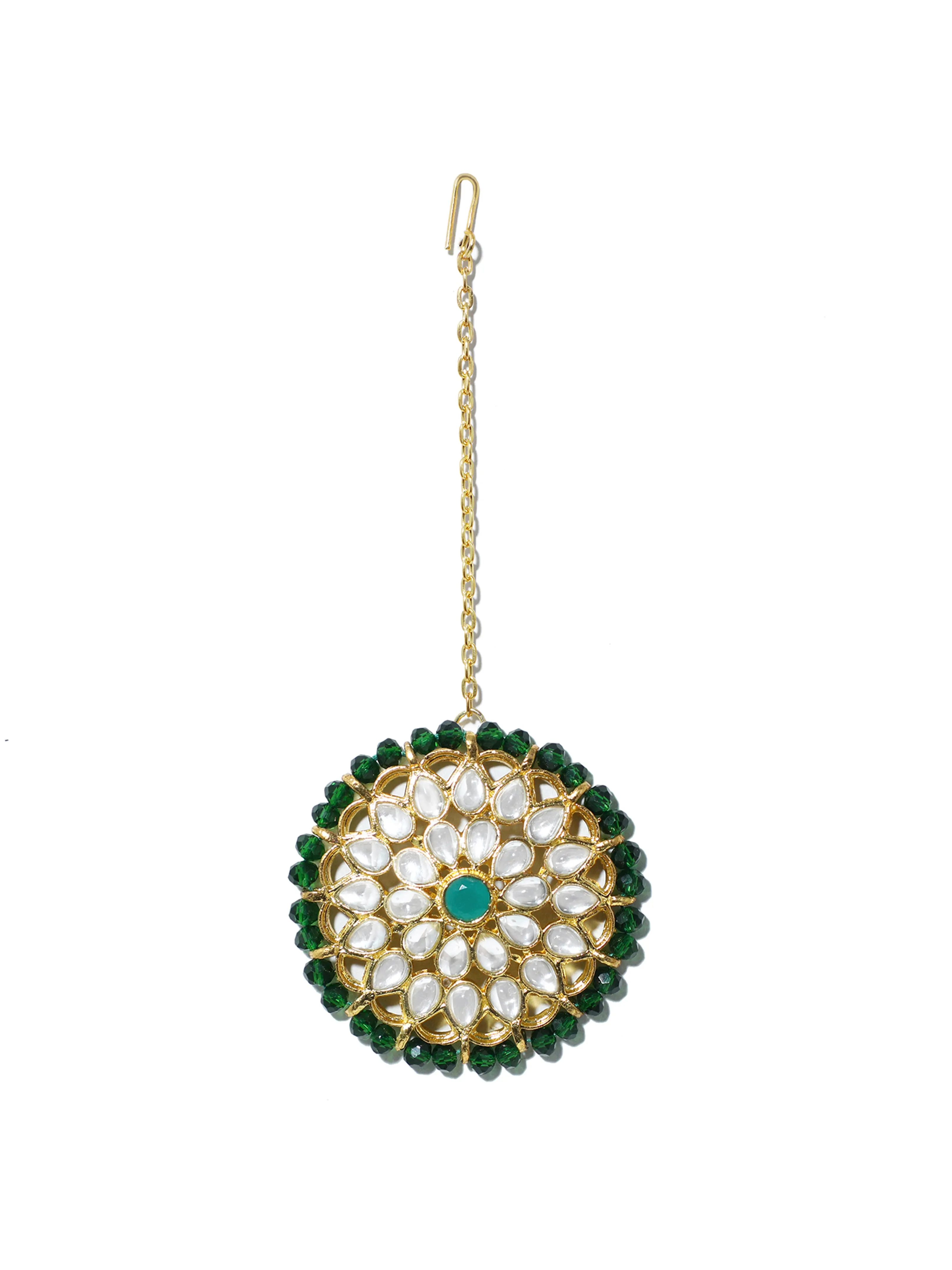 Gold Plated Green Beads Kundan Stud Earrings with Maangtikka