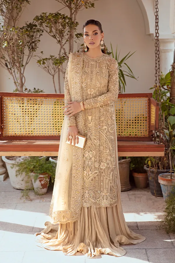 Golden Pakistani Wedding Dress in Trouser Kameez Style