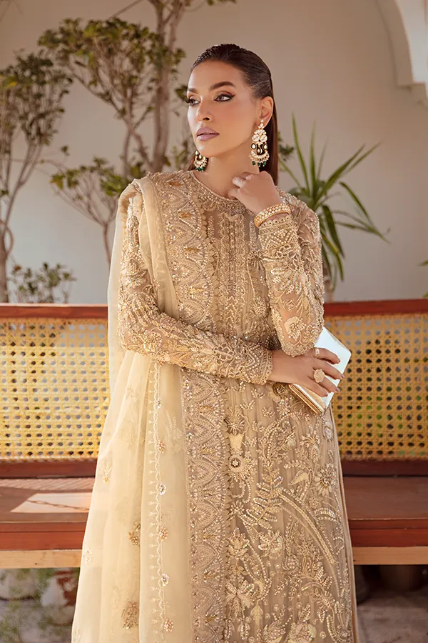 Golden Pakistani Wedding Dress in Trouser Kameez Style