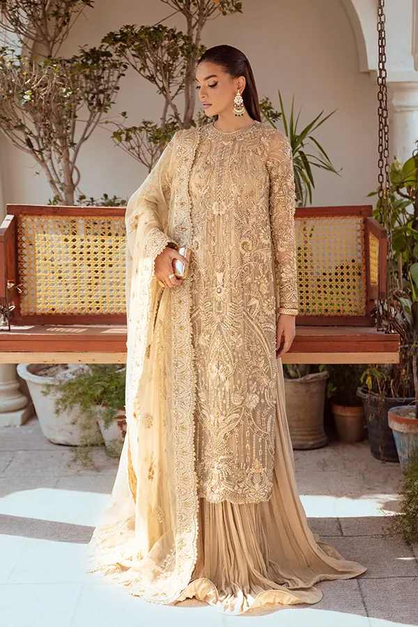 Golden Pakistani Wedding Dress in Trouser Kameez Style