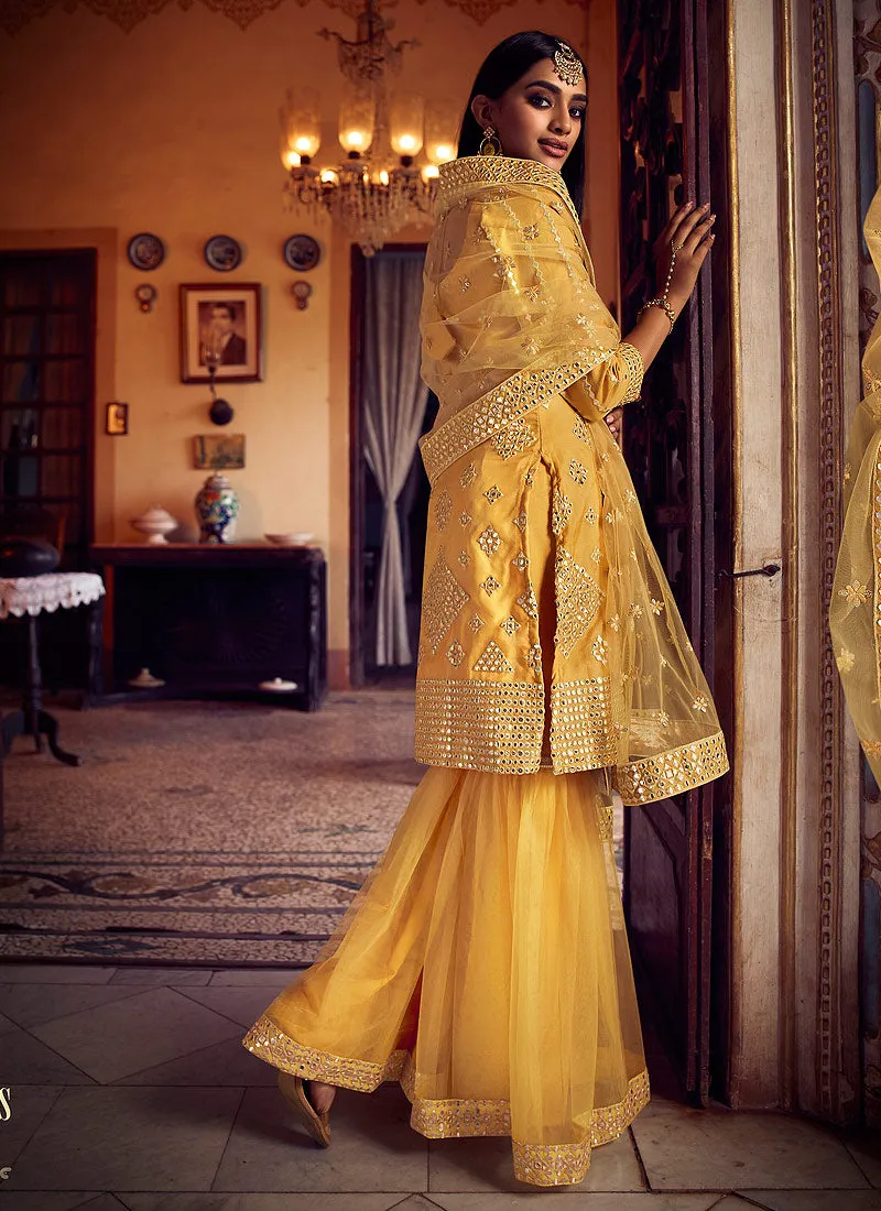 Golden Yellow Mirror Embroidered Gharara Suit